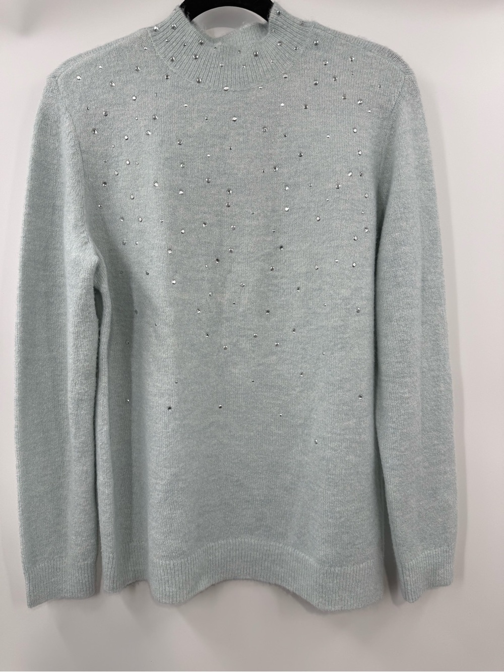 ELLE Rhinestone Embellished Mock Neck Sweater Light Blue Metallic Knit Size L